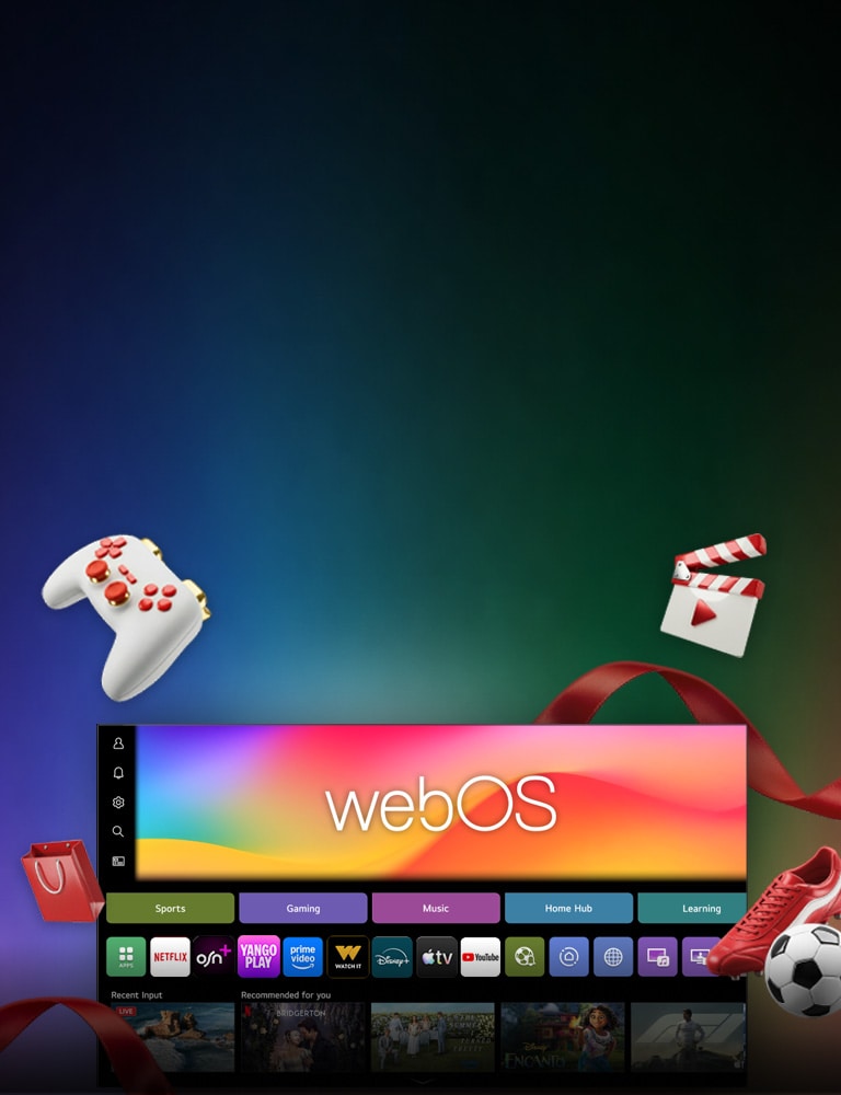 LG webOS features special streaming offers highlighted on a vibrant background, showcasing sports, gaming, and music categories along with promotional icons.